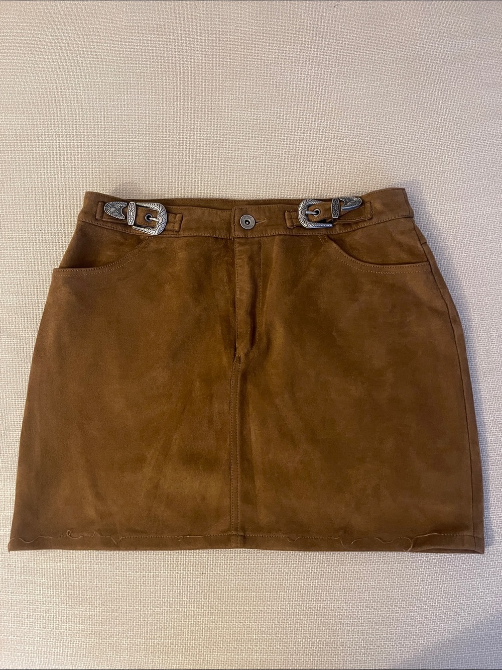 Only Brown Suede Mini Skirt with Western Buckle Accents